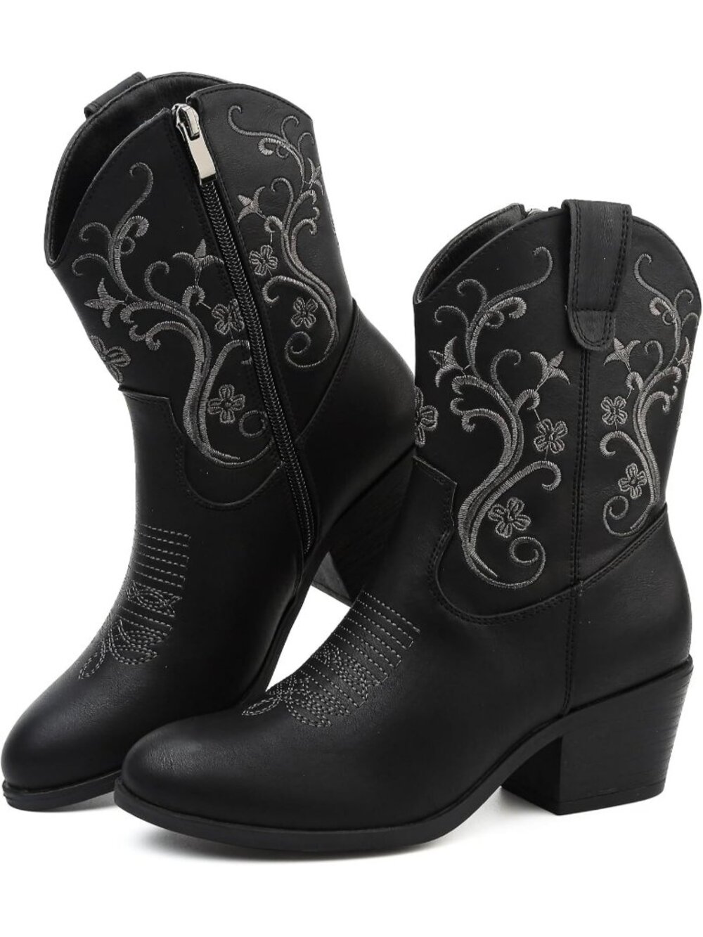 Women’s Black Mid Calf Boots Embroidered Western Cowboy Side Zip Boots